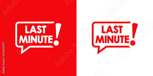 Logotipo con texto LAST MINUTE en burbuja de habla en fondo rojo y fondo blanco