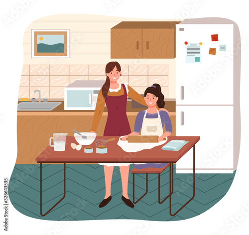 Fototapeta Naklejka Na Ścianę i Meble -  Mother and daughter cooking in kitchen at home. Woman and children in apron rolling dough on table near refrigeration. Happy parent and little girl preparing bakery food for dinner indoor vector