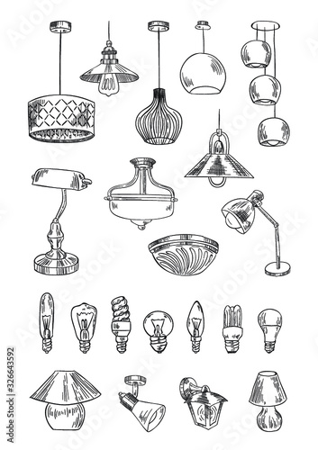 lamp chandelier vector sketch set