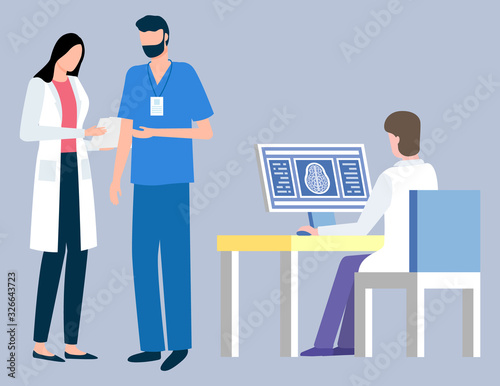 Doctor looking at magnetic resonance images of the brain on a computer screen. Male and female medial workers discussing diagnosis vector illustration