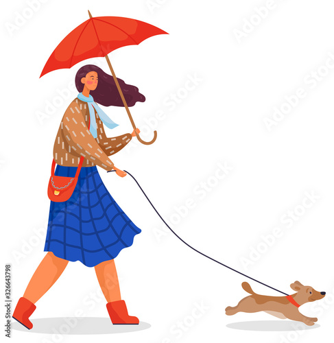 Young woman walk with her pet, puppy in park. Woman stroll with active dog on leash. Person dressed in warm clothes like scarf, coat and carry umbrella. Vector illustration of walking in flat style