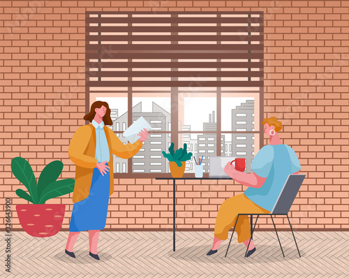 Female character presenting to partner ideas on paper. Office workers working in team. Project manager controlling quality of tasks completion of newcomer. Professionals vector in flat style