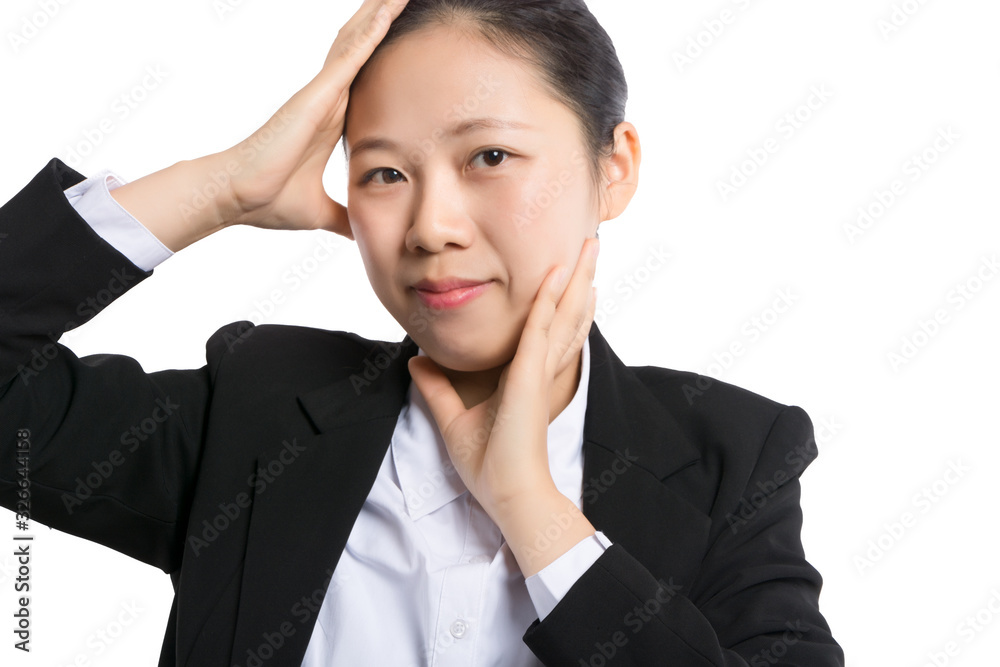 Annoyed woman, funny student with laptop computer playing holding pen between nose and lips as mustache looking up thinking playful bored after working long hours isolated light blue white background Annoyed woman, funny student with laptop computer playing holding pen between nose and lips as mustache looking up thinking playful bored after working long hours isolated light blue white background