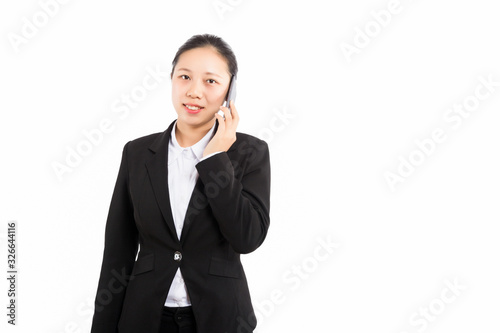 Young Business woman happy speaking mobile phone isolated on white background, model is a asian beauty