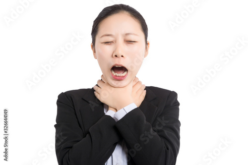 Annoyed woman, funny student with laptop computer playing holding pen between nose and lips as mustache looking up thinking playful bored after working long hours isolated light blue white background