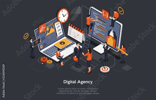 Digital Agency Concept. A Team of People Builds a Chart and Graphs. Digital Projects, Clients Brief. The Concept of the Idea of Marketing, Strategy, Data Analysis. Isometric Vector Illustration photo