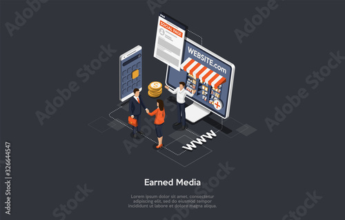 Earned Media, Digital Advertising, Online Publicity, Branding Concept And Publisher Promoting. People Develop Internet Websites, Advertisement, Marketplace Strategies. Isometric Vector Illustration