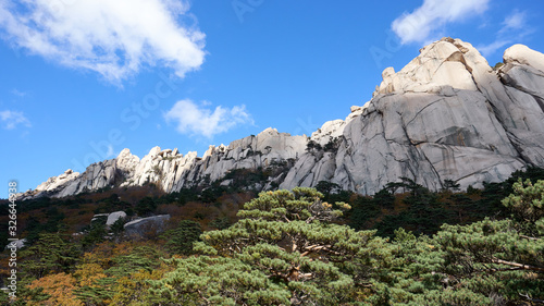 Autumn landscape with mountains and rocks in Seoraksan National Park in Sokcho in South Korea.