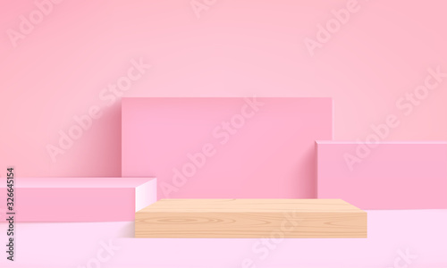 Fototapeta Naklejka Na Ścianę i Meble -  background vector 3d pink rendering with podium and minimal pink wall scene, minimal abstract background 3d rendering abstract geometric shape pink pastel color.