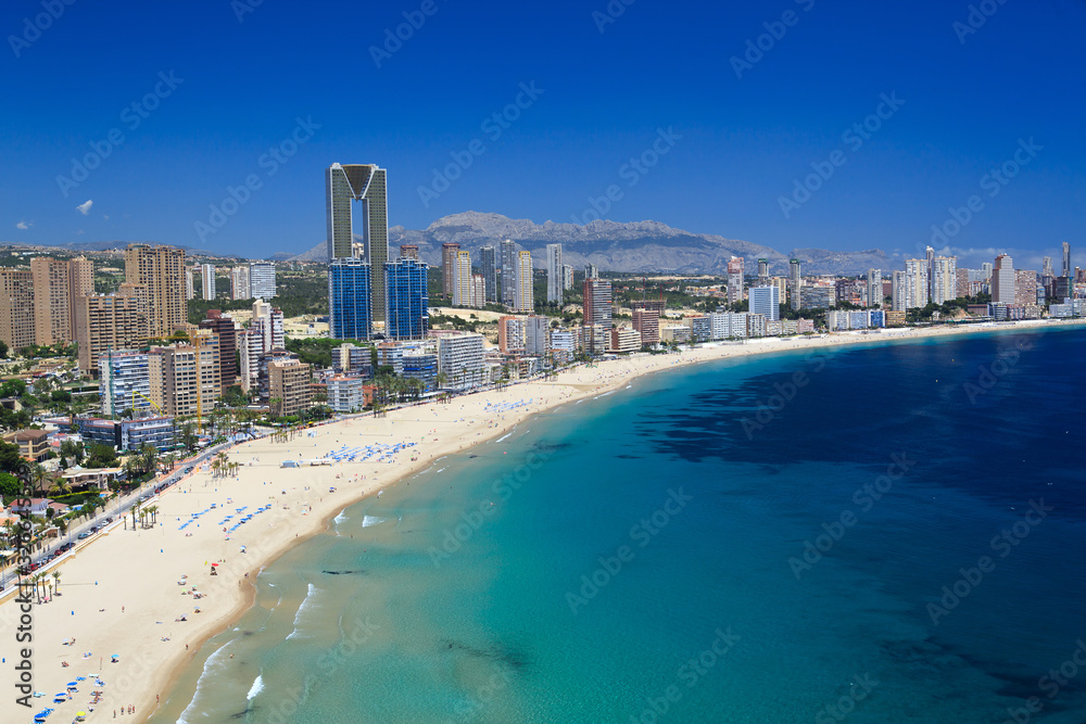 View of the beaches of Benidorm in Spain on the Costa Blanca