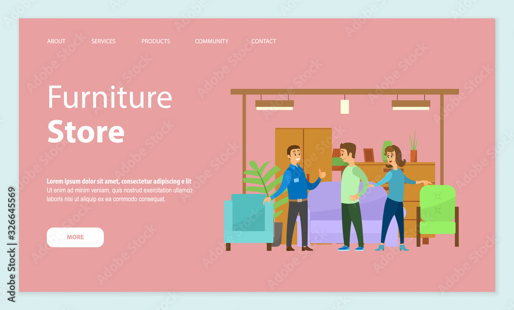 Furniture store vector, consultant seller, explaining clients benefits of items. Sofa and armchairs, houseplant decoration and drawers info. Website or webpage template, landing page flat style