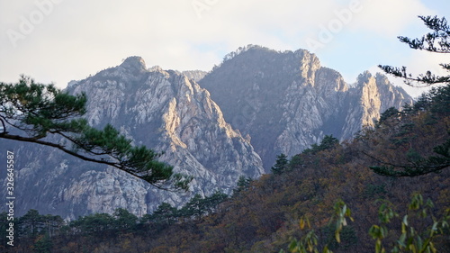 Autumn landscape with mountains and rocks in Seoraksan National Park in Sokcho in South Korea.