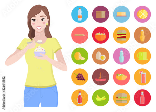 Pretty woman hold cupcake in hands and eat it. Icons with healthy and tasty food with probiotics and natural products. Diet organic meals, fruits and vegetables. Vector illustration in flat style