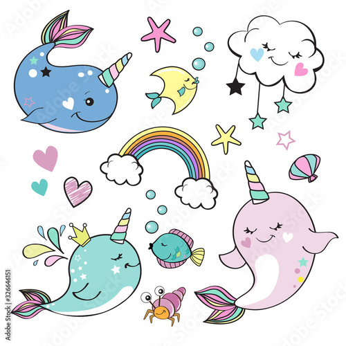 Cute whale unicorn collection, rainbow and marine inhabitants on a white background