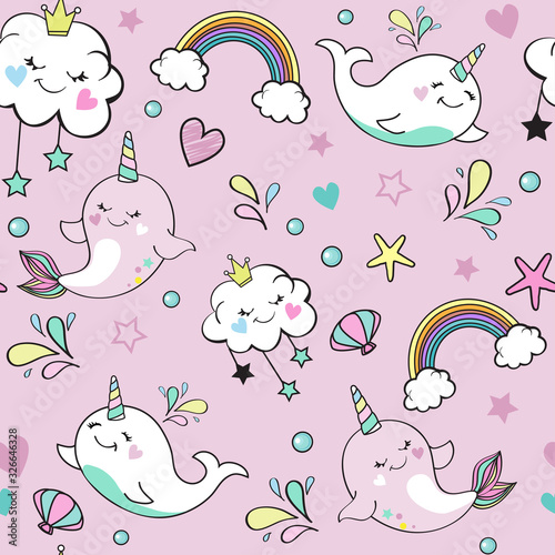 Cute whale unicorn, rainbow and the clouds on a pink background seamless pattern