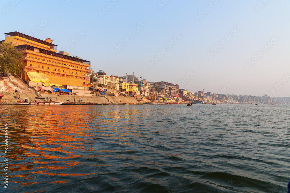 View of Prachina Hanumanana Ghat and Ghats on Ganges river from boat. Viranasi. India