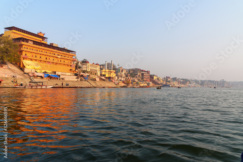 View of Prachina Hanumanana Ghat and Ghats on Ganges river from boat. Viranasi. India