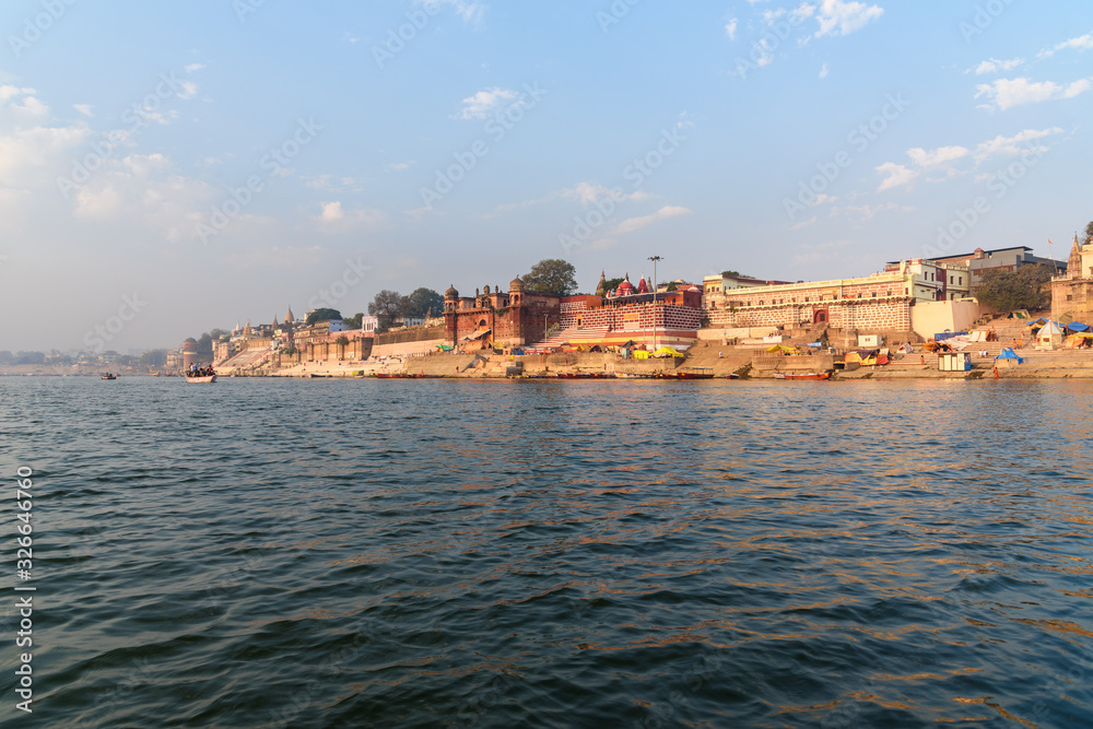 View of Kedar Ghat on the Ganges river in the morning. Varanasi. India