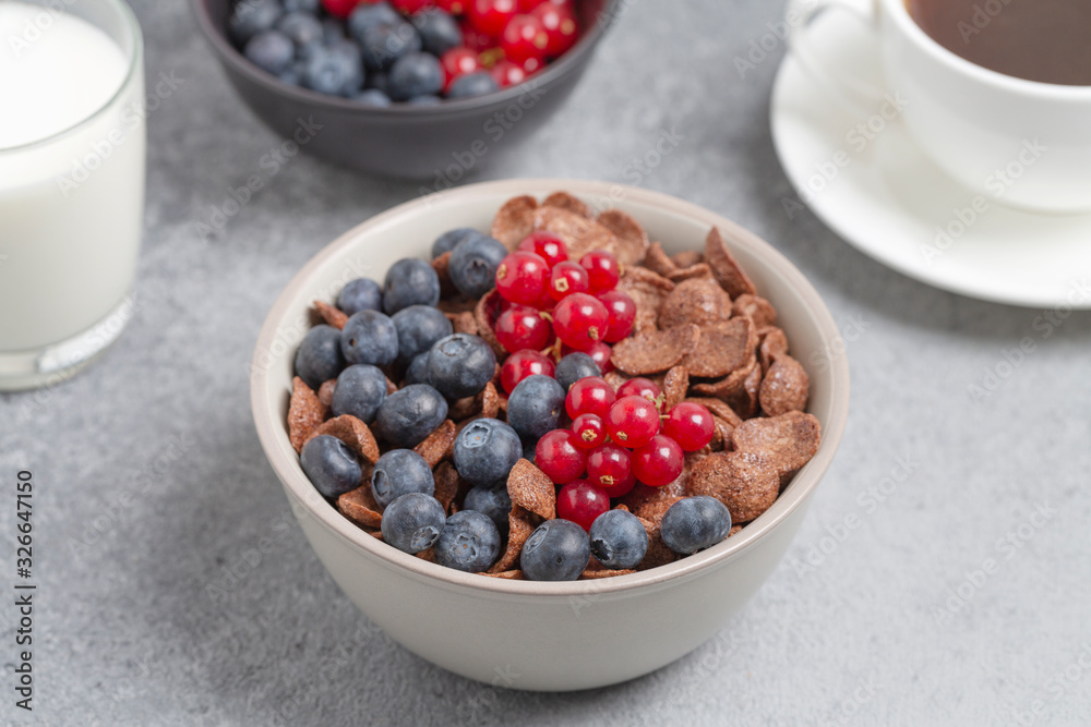 Chocolate flakes with milk, blueberries and red currants. Delicious healthy Breakfast. Chocolate flakes with milk, blueberries and red currants. Delicious healthy Breakfast.