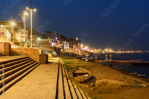 Colorful illumination of the Ghats in the night. Varanasi. India