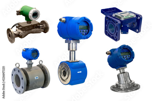 Obraz na plátně five modern industrial gas meter high precision digital isolated on white backgr