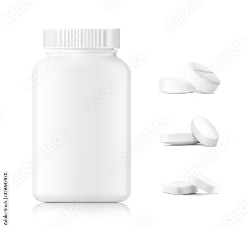 Plastic bottle with round pills mockup isolated on white background. Can be used for medical, cosmetic. Vector illustration. EPS10.	