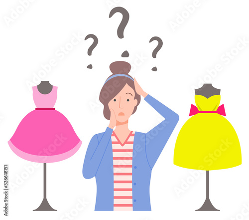 Woman and question marks above head vector, isolated female character with mannequins with clothes on. Dress and clothes costume, fashion store showcase