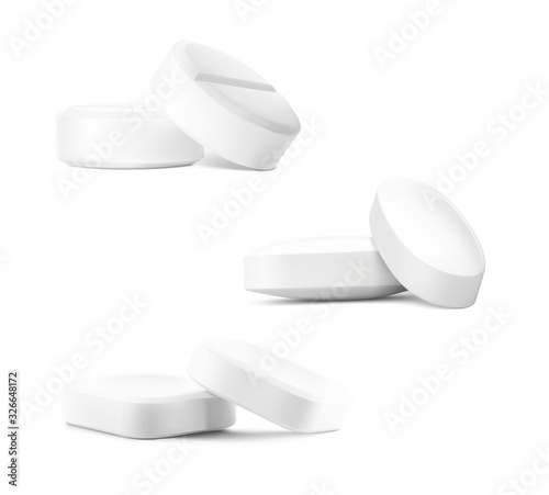 Realistic pills of different shapes isolated on white background. Vector illustration. Can be used for medical and cosmetic. EPS10.	