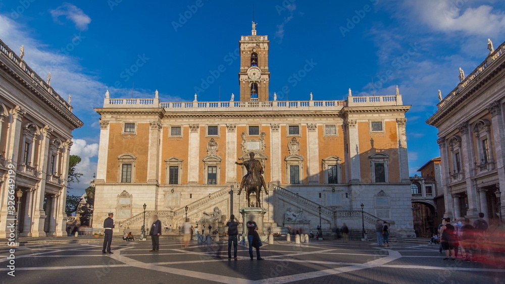 Capitoline hill landmark square timelapse  surrounded by neo classic museums buildings with clock tower and bronze statue of Mark Aurelius
