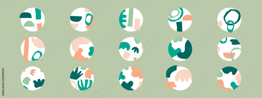 Big set of various highlight covers, abstract backgrounds with various hand drawn organic shapes, lines, spots, dots, doodle objects, round icons templates for social media stories Big set of various highlight covers, abstract backgrounds with various hand drawn organic shapes, lines, spots, dots, doodle objects, round icons templates for social media stories