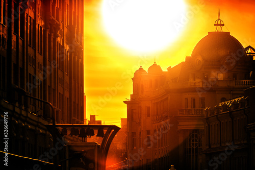 Photography classic moscow city architecture landmark buildings on old Arbat street at city downtown against sunset sky background