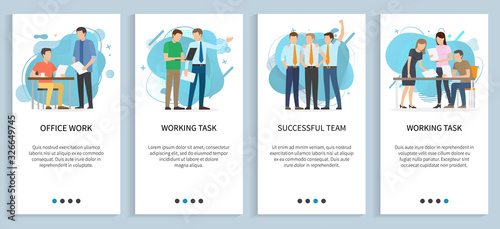 Successful team vector, working task and office work, people with papers and laptops thinking on solution and development of business set. Website or slider app, landing page flat style