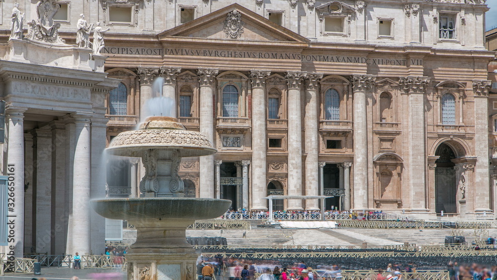 Fountain on St. Peter's square timelapse in Vatican City. Piazza San Pietro and Basilica