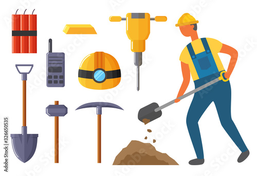 Collection of instruments and objects used by miner working in mining industry. Dynamite and shovel, hammer and pickaxe. Helmet with flashlight and drill or borehole. Isolated tools set vector in flat
