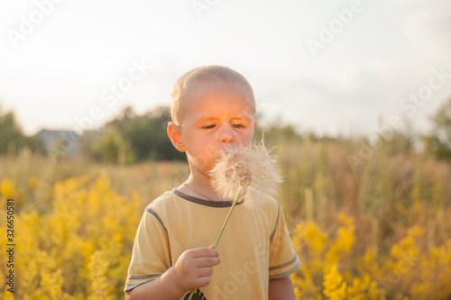 Kid blowing dandelion outdoor. Close-up portrait