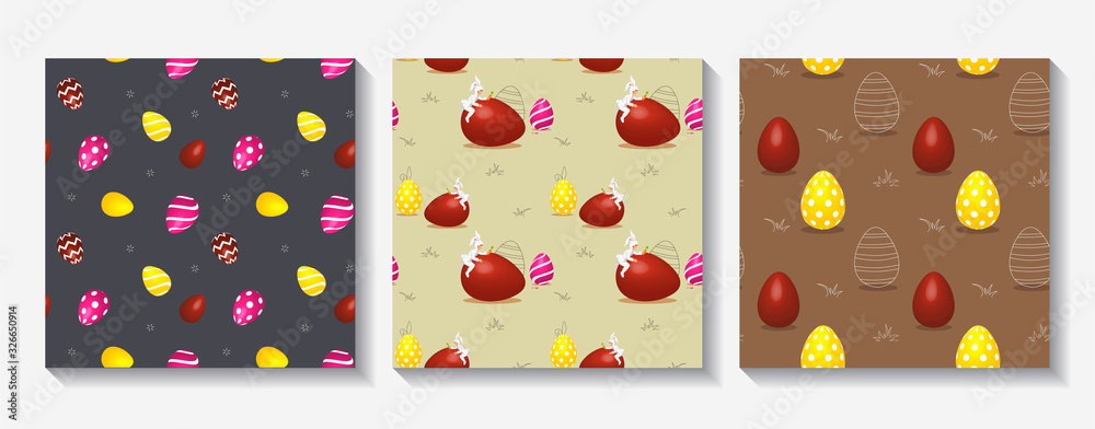 Set of Easter seamless patterns with colored eggs. Dark blue, beige and brown backgrounds. Perfect for wrapping paper, scrapbooking, textile and product design.  
