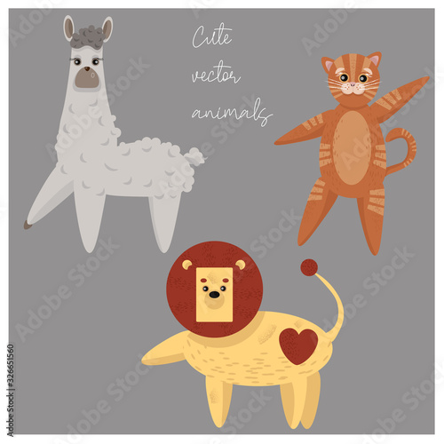  Cute vector animals on gray background