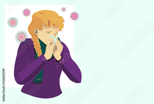 Sick young woman holding tissue, sneezing into handkerchief, blowing running nose. Flat vector illustration on boy having cold fever and flu, with viral or covid-19, coronavirus symptoms. Copy space 
