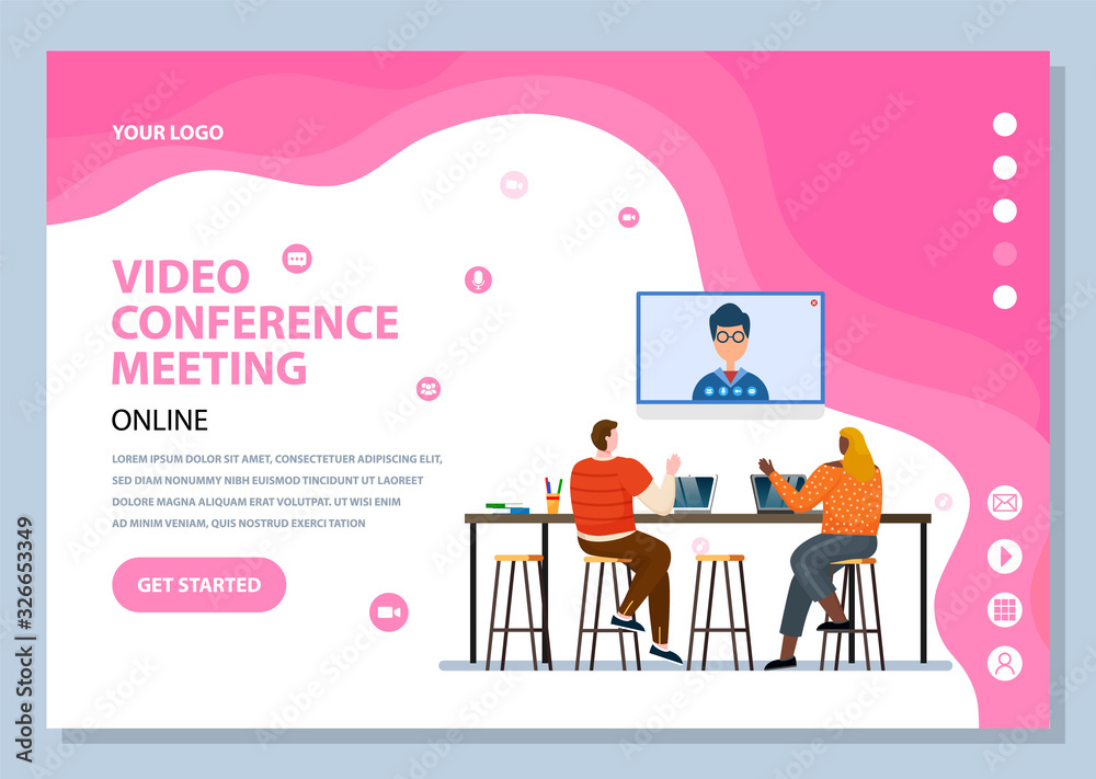 Plakat Video conference meeting via modern technologies and gadgets. Characters talking to boss online, using pc. Employees discussing problems. Website or webpage template, landing page vector in flat style