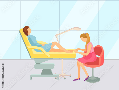 Pedicure service vector, woman laying on special table. Chair for making toenails polished and painted, cutting cuticle at salon. Relaxation and beauty day