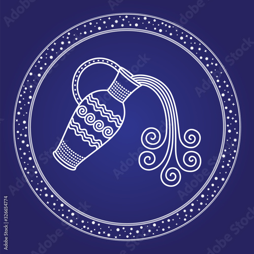 Aquarius astrology zodiac horoscope sign in starry circle isolated on blue. Water in jug star in round icon. Space mythology with moth magic symbol. Calendar and constellation night element vector