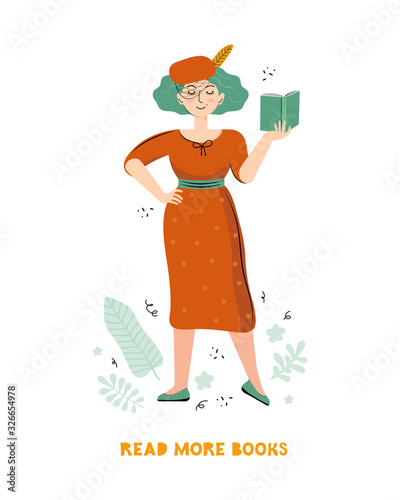 Literary fan. Smart woman who loves literature reads a book. Young stylish woman with a book in her hand. Drawn cartoon character in a vector on a white background. Scandinavian flat illustration.