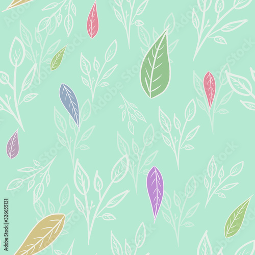seamless floral pattern with white outline leaves and multicolored leaves. Sprint/summer pattern. Fashion print, packaging, wallpaper, textile, fabric design