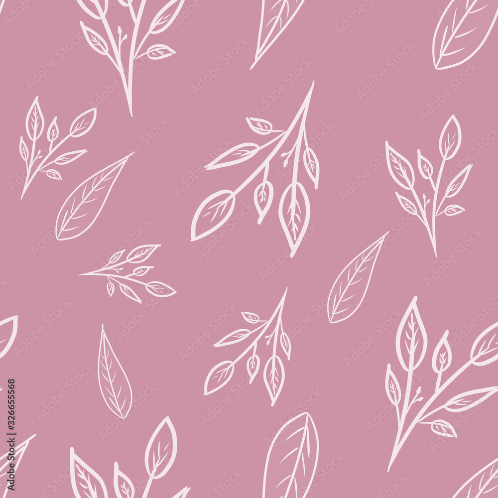 seamless pattern with white outline branches and leaves on purple background. Spring/summer pattern. Print, packaging, wallpaper, textile, fabric design seamless pattern with white outline branches and leaves on purple background. Spring/summer pattern. Print, packaging, wallpaper, textile, fabric design