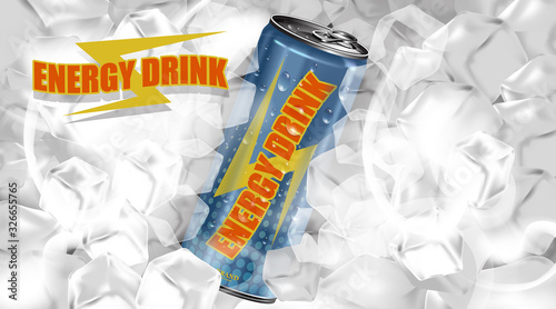 Fresh energy drink in can with ice cubes and smoke background, Package and  Energy drink product poster