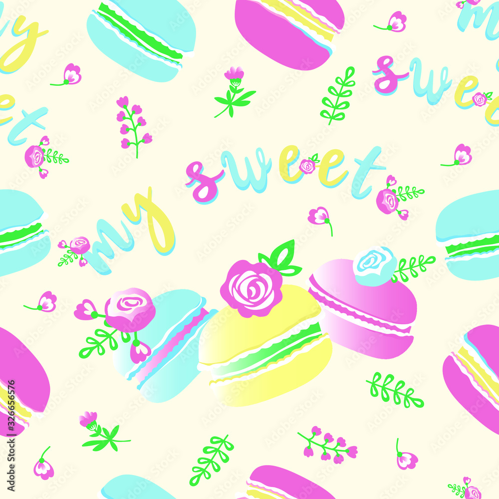 Seamless pattern of sweet  macaroon cakes. Vector seamless pattern for printing on textiles, packaging. paper, wallpaper.