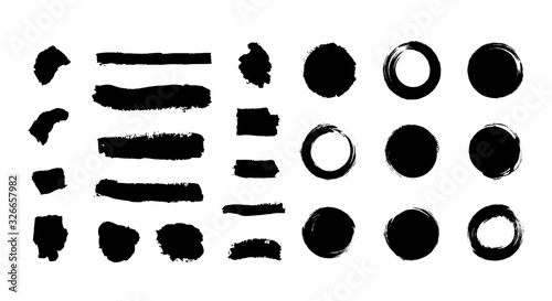 Vector baclk paint brush, brush strokes set isolated on white background, textured lines and circles, artistic.