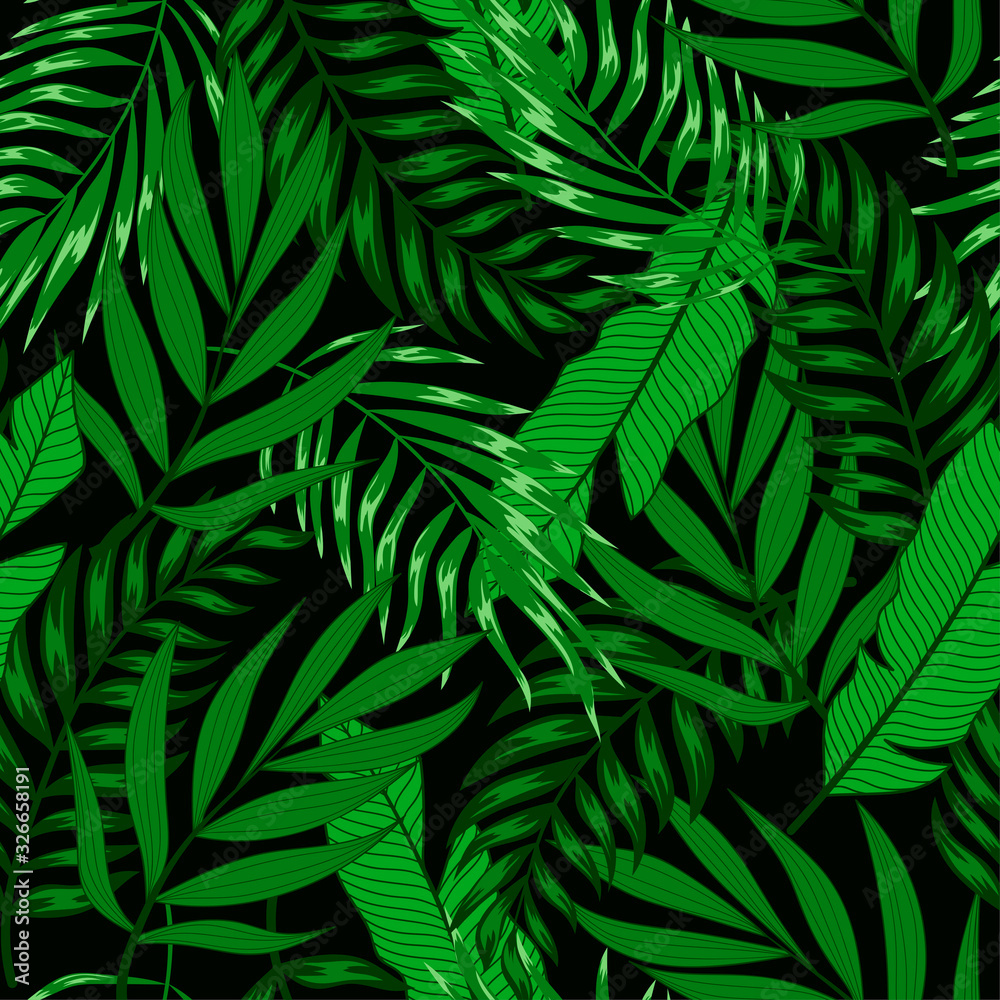 Summer tropical seamless pattern with bright plants and leaves on a dark background. Exotic wallpaper. Hawaiian style. Beautiful print with hand drawn exotic plants.