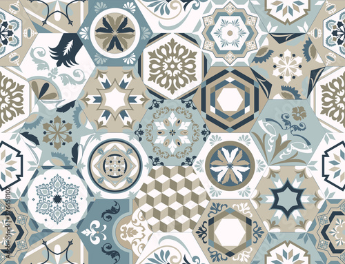 Vector seamless texture. Beautiful mega patchwork pattern for design and fashion with decorative elements in hexagon. Portuguese tiles, Azulejo, Moroccan ornaments