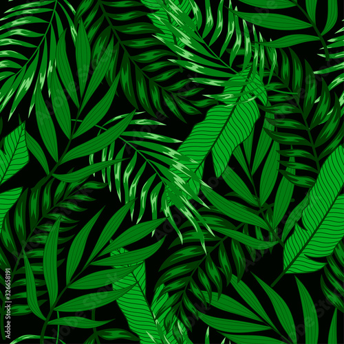 Summer tropical seamless pattern with bright plants and leaves on a dark background. Exotic wallpaper. Hawaiian style. Beautiful print with hand drawn exotic plants.